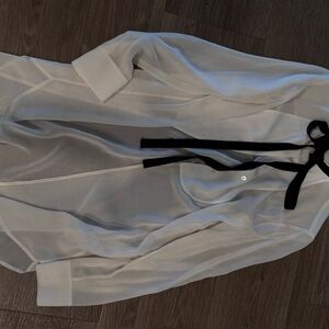 CLUB MONACO Sheer White Blouse with Black Bow Tie